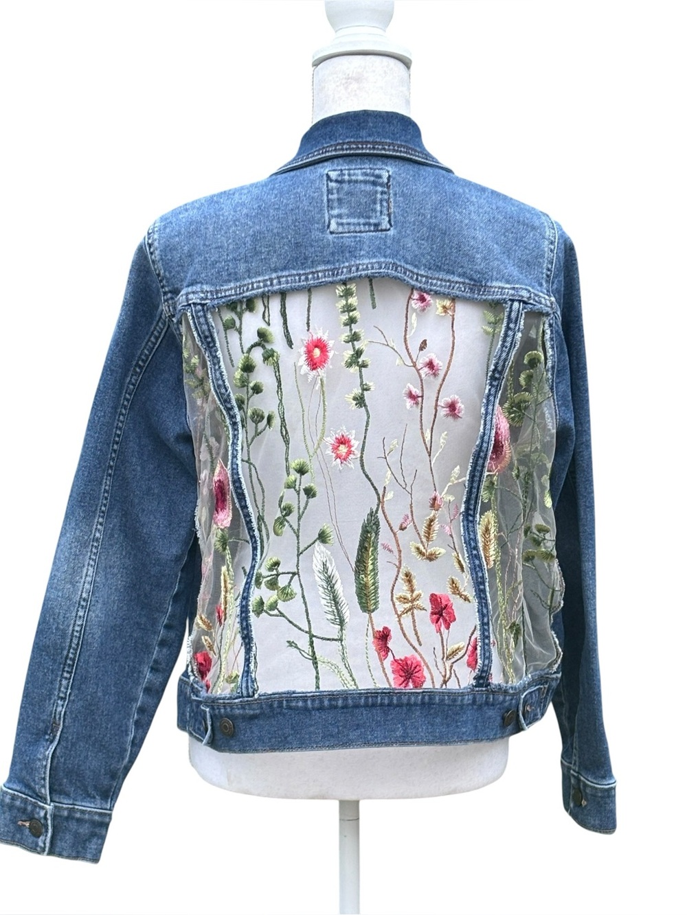 Handmade Floral Embroidered Denim Jacket Wearable Art Large - Picture 3 of 10